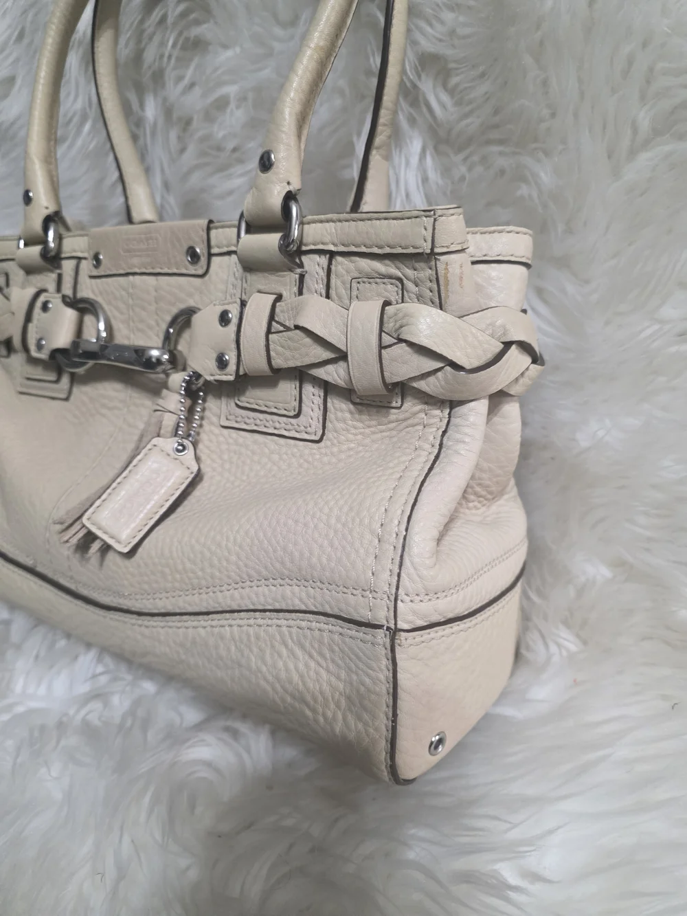 Coach Cream Braided Leather Tote with Tassel Charm
